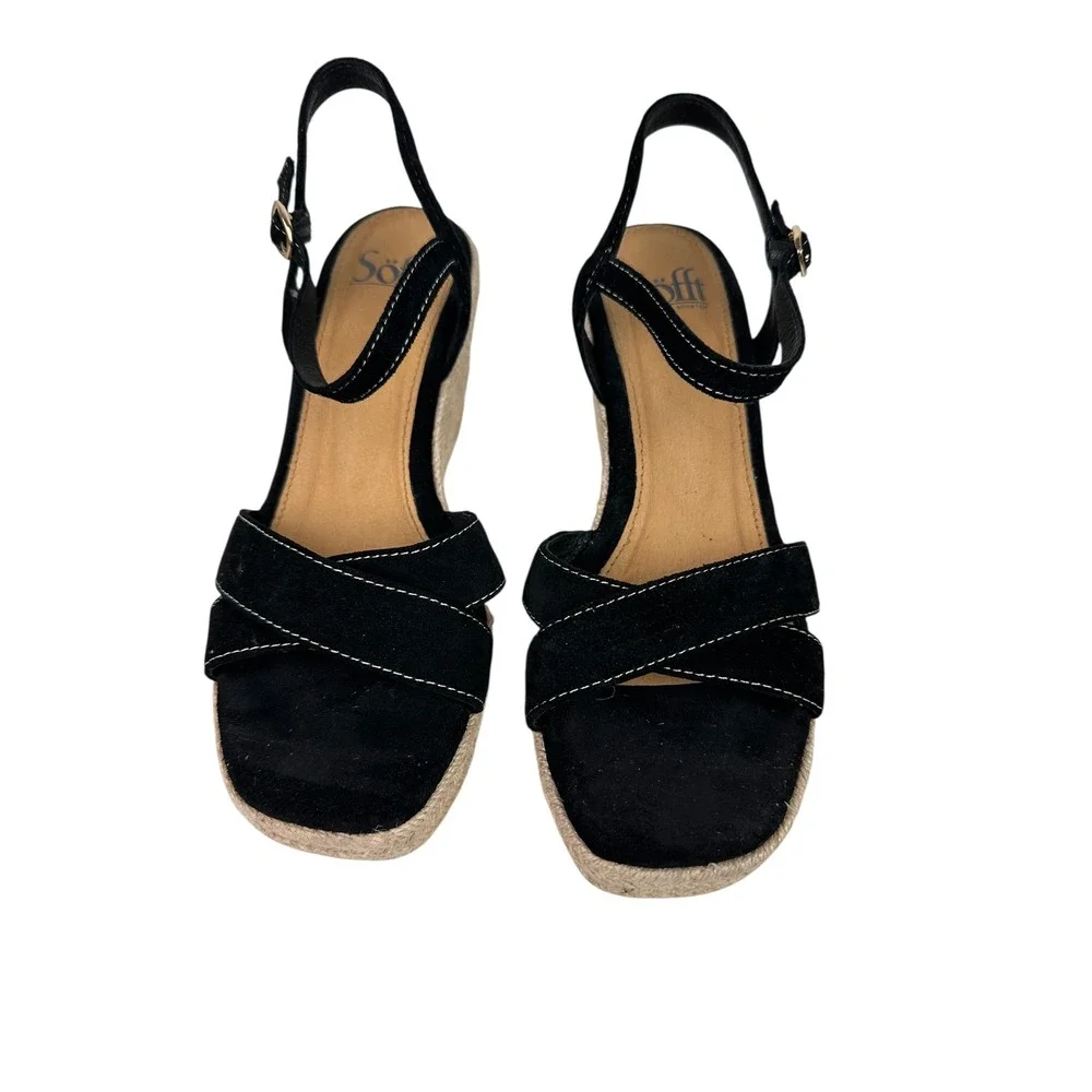 Sofft Womens Black Suede Leather Espadrille Wedge Sandals Size 7 Ankle Strap